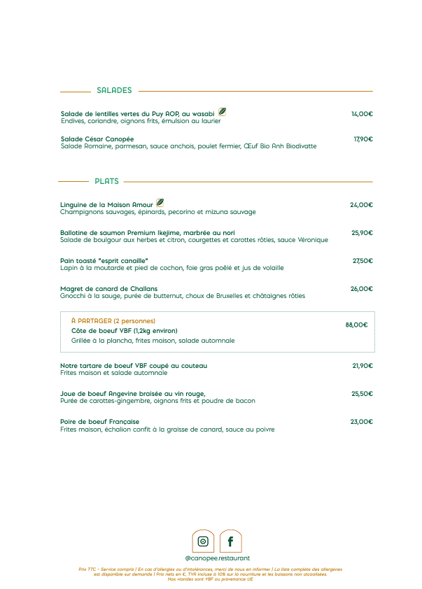 Carte Verso restaurant Canopée