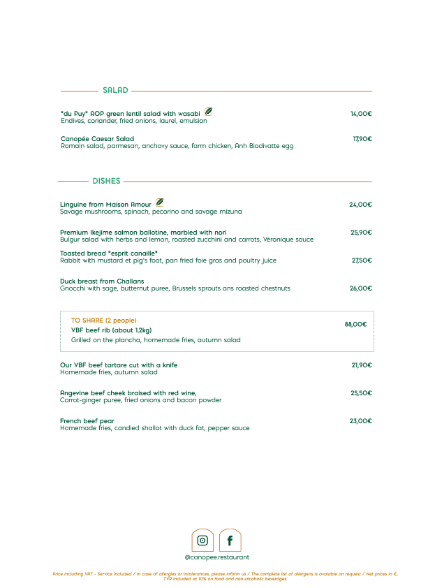 Carte Verso restaurant Canopée