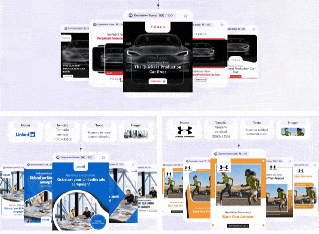 Varias series de anuncios digitales en carrusel para Tesla, LinkedIn y Under Armour, mostrando textos personalizados, logotipos y diferentes tamaños y formatos de imágenes.