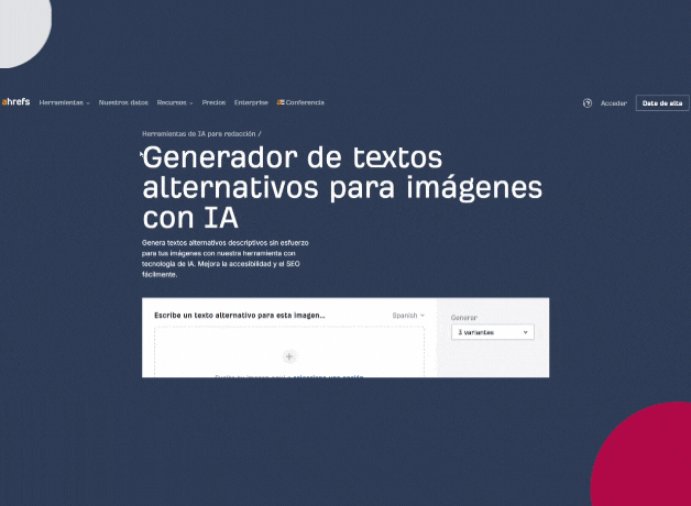 Interfaz en español de una herramienta generadora de textos alternativos para imágenes con inteligencia artificial de Ahrefs.
