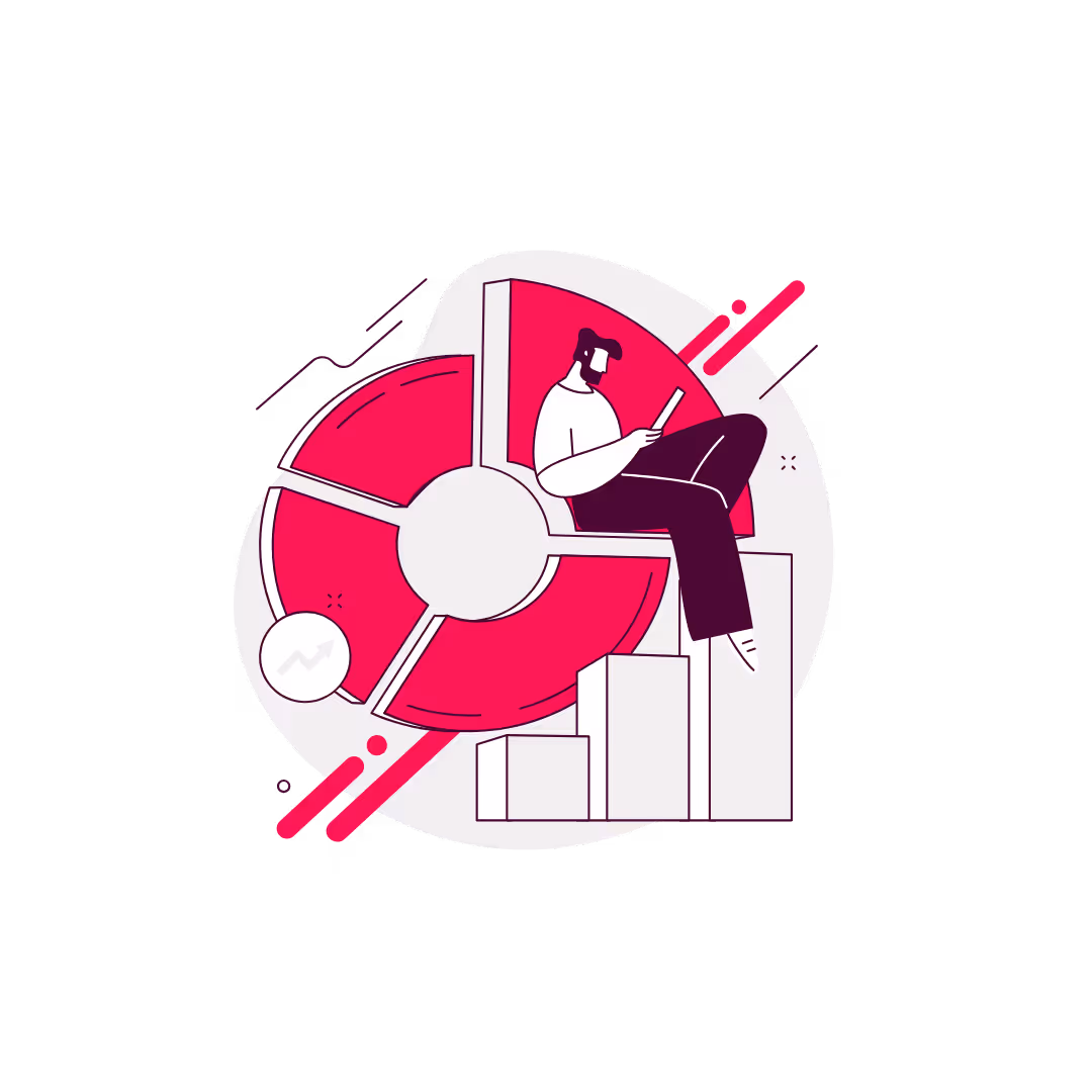 Ilustración de una persona sentada apoyada en un gráfico circular rojo y barras ascendentes mientras usa una tableta.