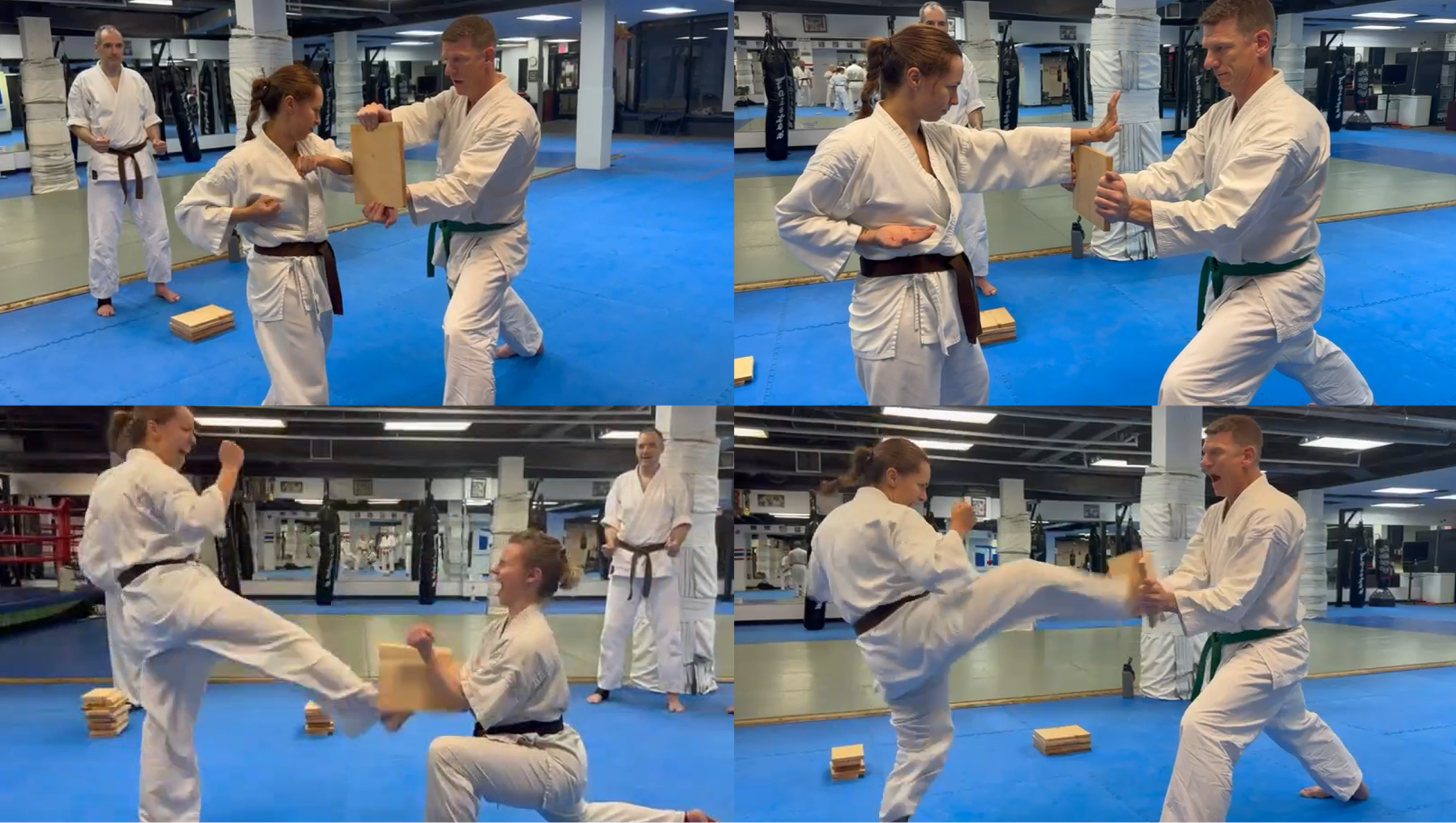 Karina breaks boards as part of her qualification for the black belt