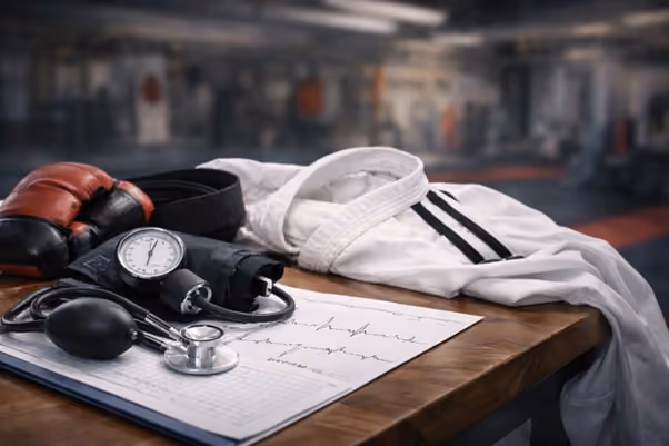 Medical devices and artial artist's uniform on a table 