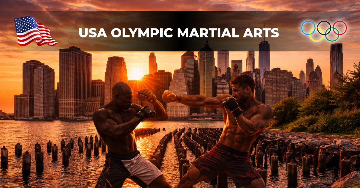 Two martial artists practicing against a USA landscape backdrop