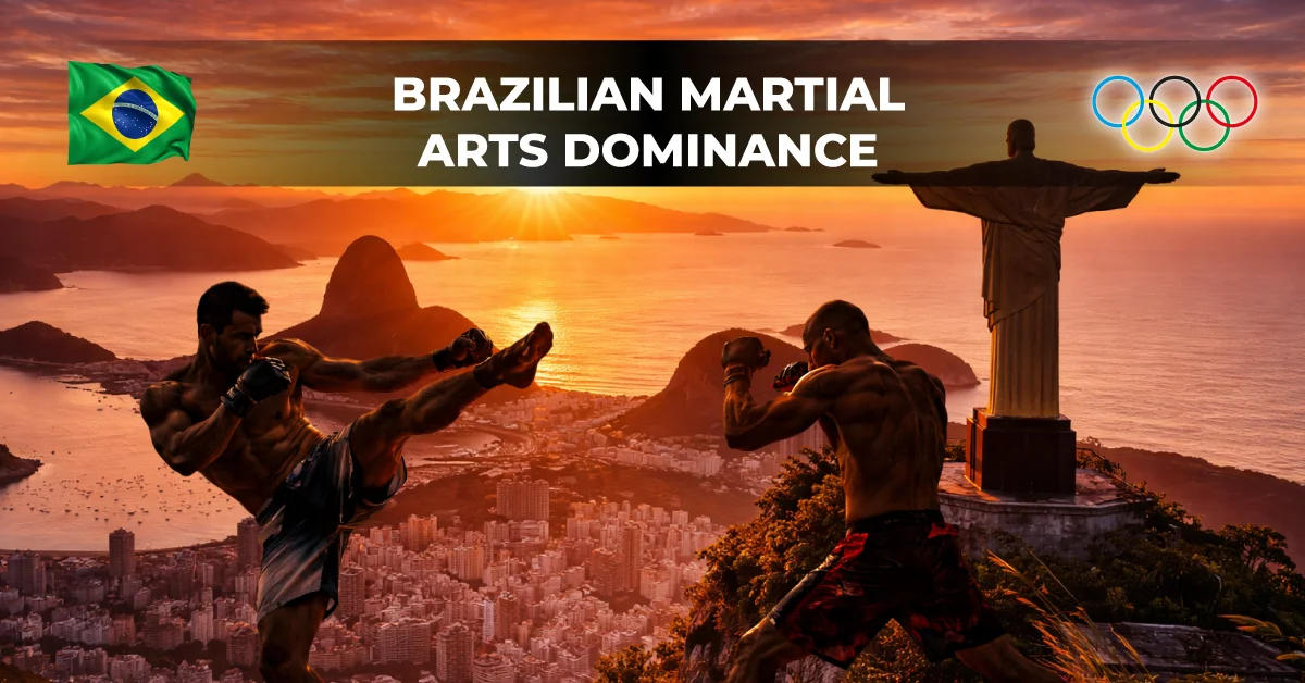 Two martial artists practicing against a Brazilian landscape backdrop