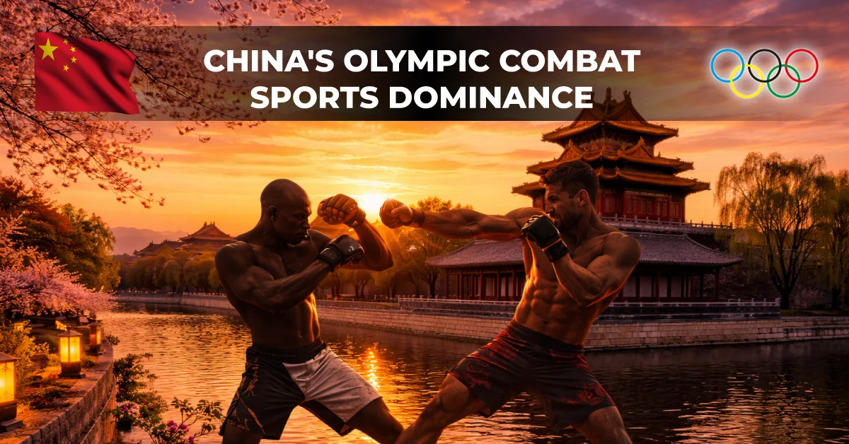 Two martial artists practicing against a China landscape backdrop