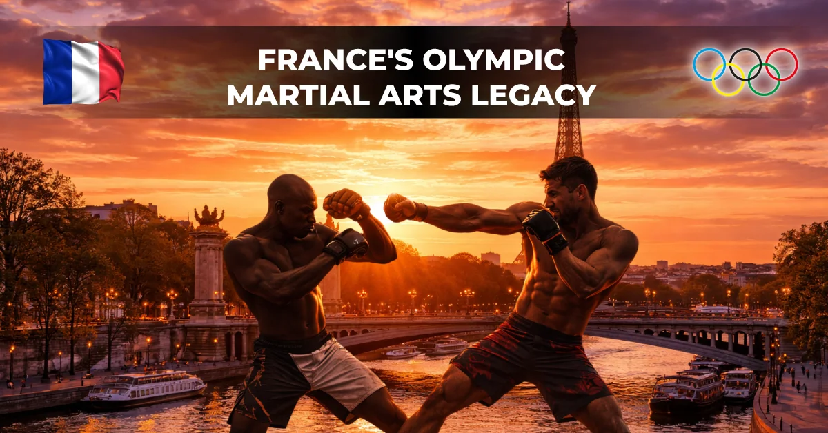 Two martial artists practicing against a France landscape backdrop