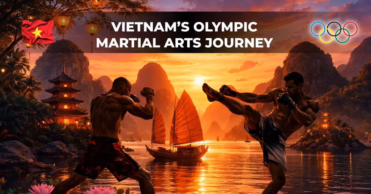 Two martial artists practicing against a Vietnam landscape backdrop