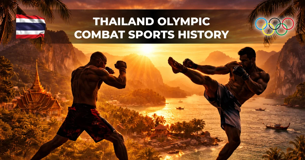 Two martial artists practicing against a Thailand landscape backdrop