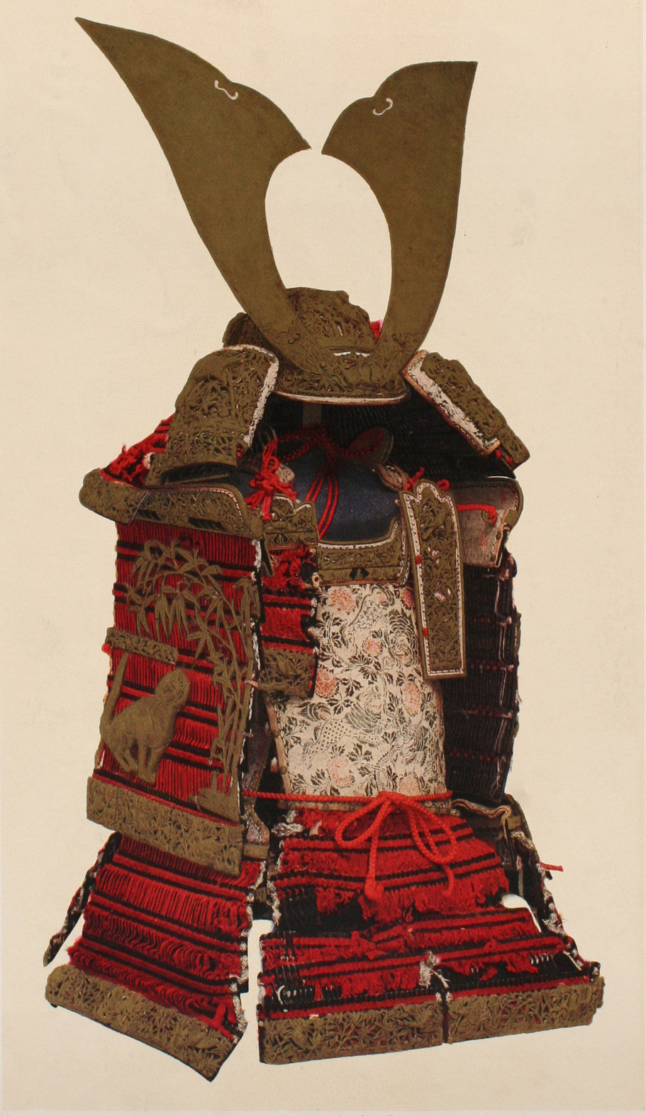Oyoroi-type Armor with Red Threads Lacing Ornaments of Bamboo, Tigers and Sparrows