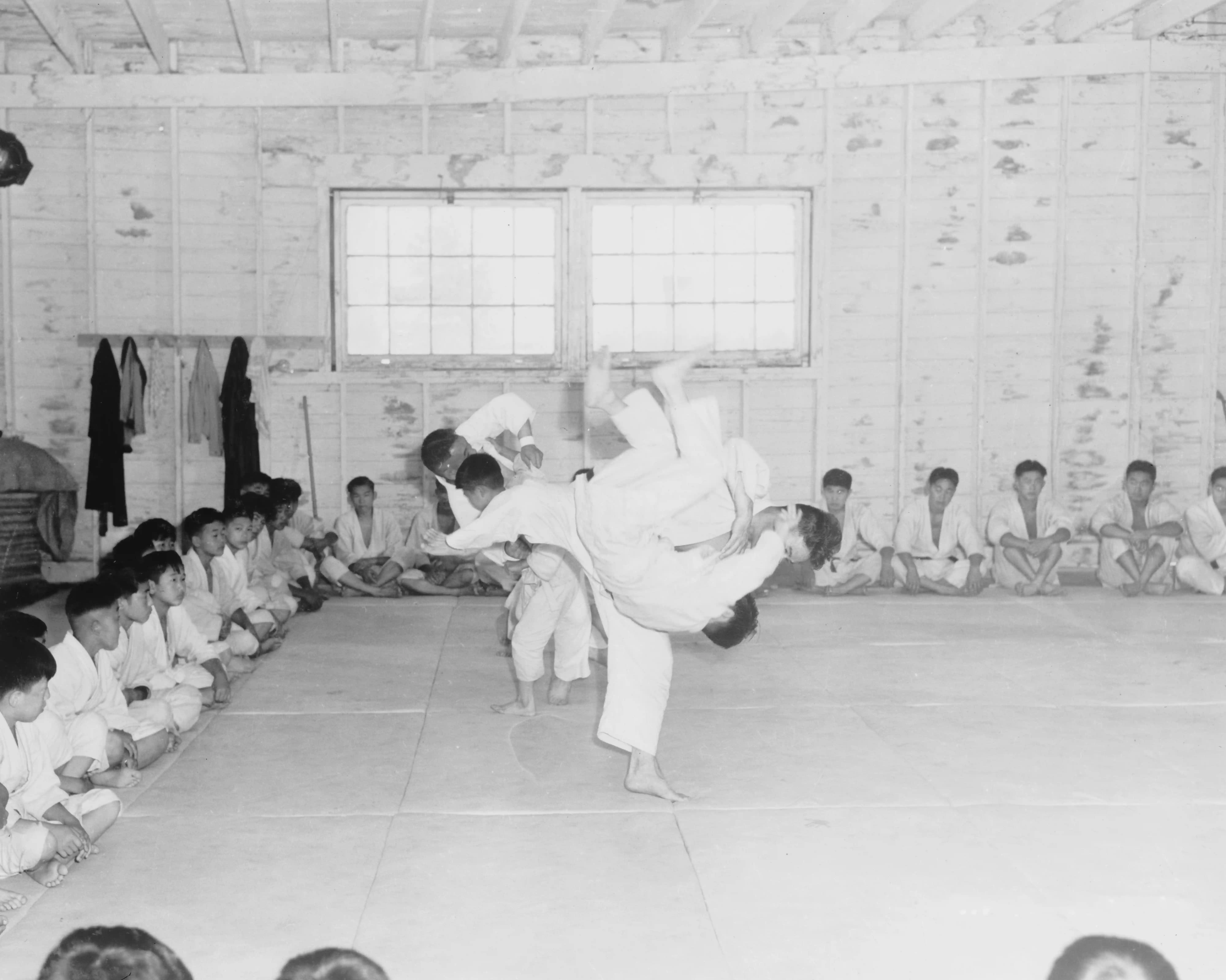 Two Judo practitioners performing a throw
