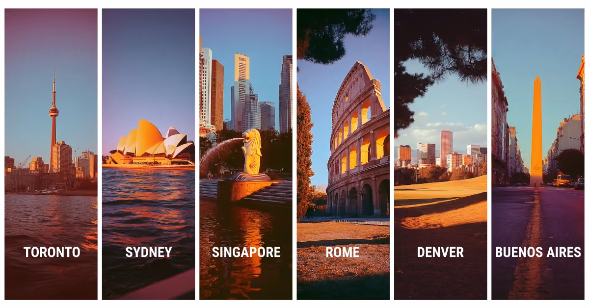 Toronto, Denver, Rome, Sydney, Singapore and Buenos Aires images and names listed in a styled column format. 