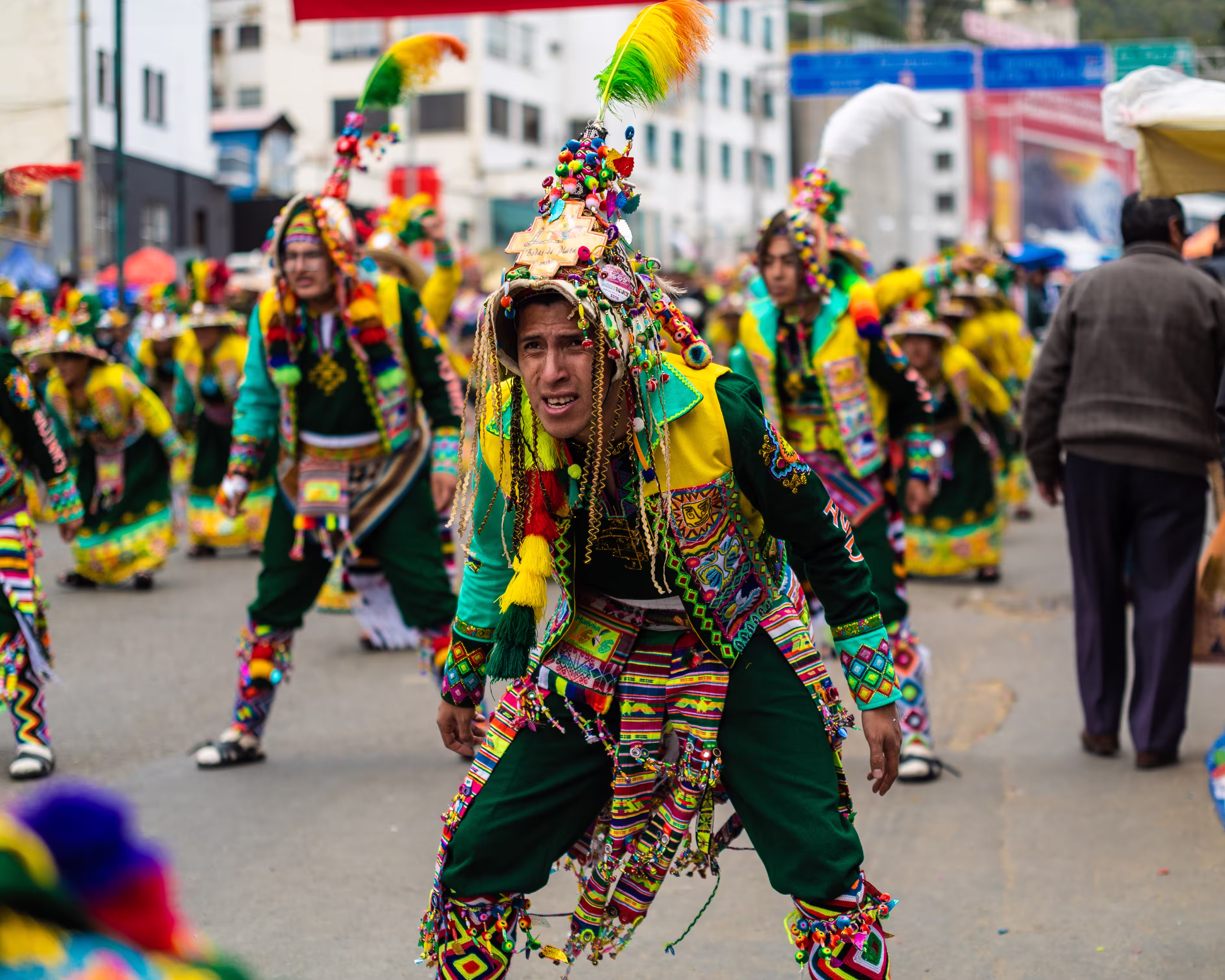 A Bolivian Tinku dancer performing with a carnival troupe in La Paz