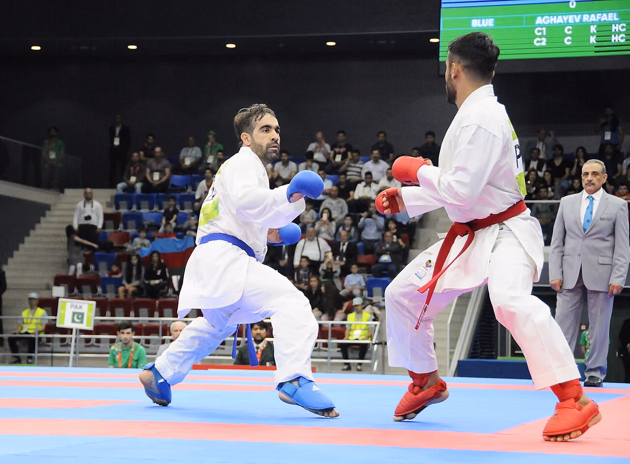 Karate fight (kumite) at the Islamic solidarity games of 2017.