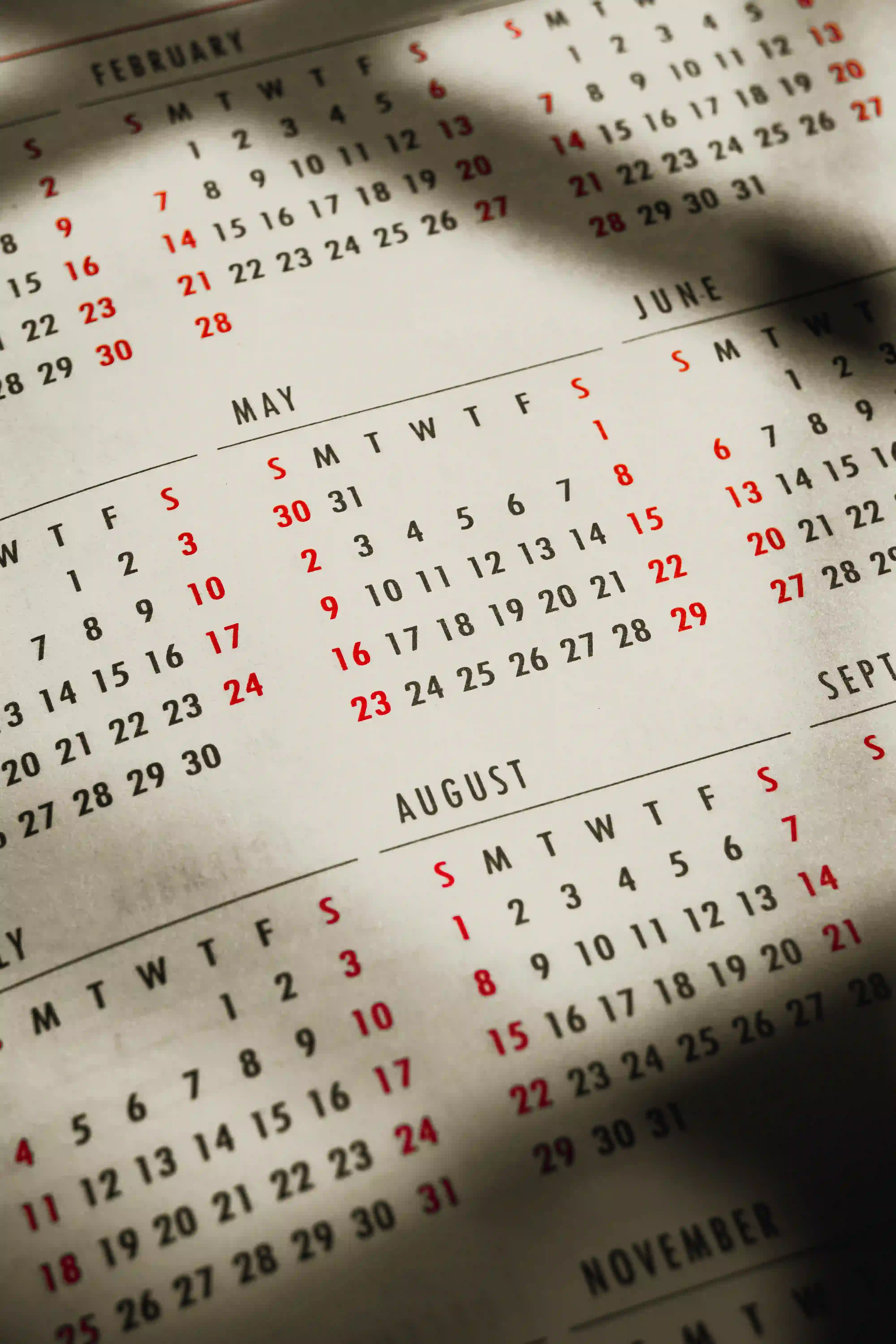A calendar showing all the days that training affects. 