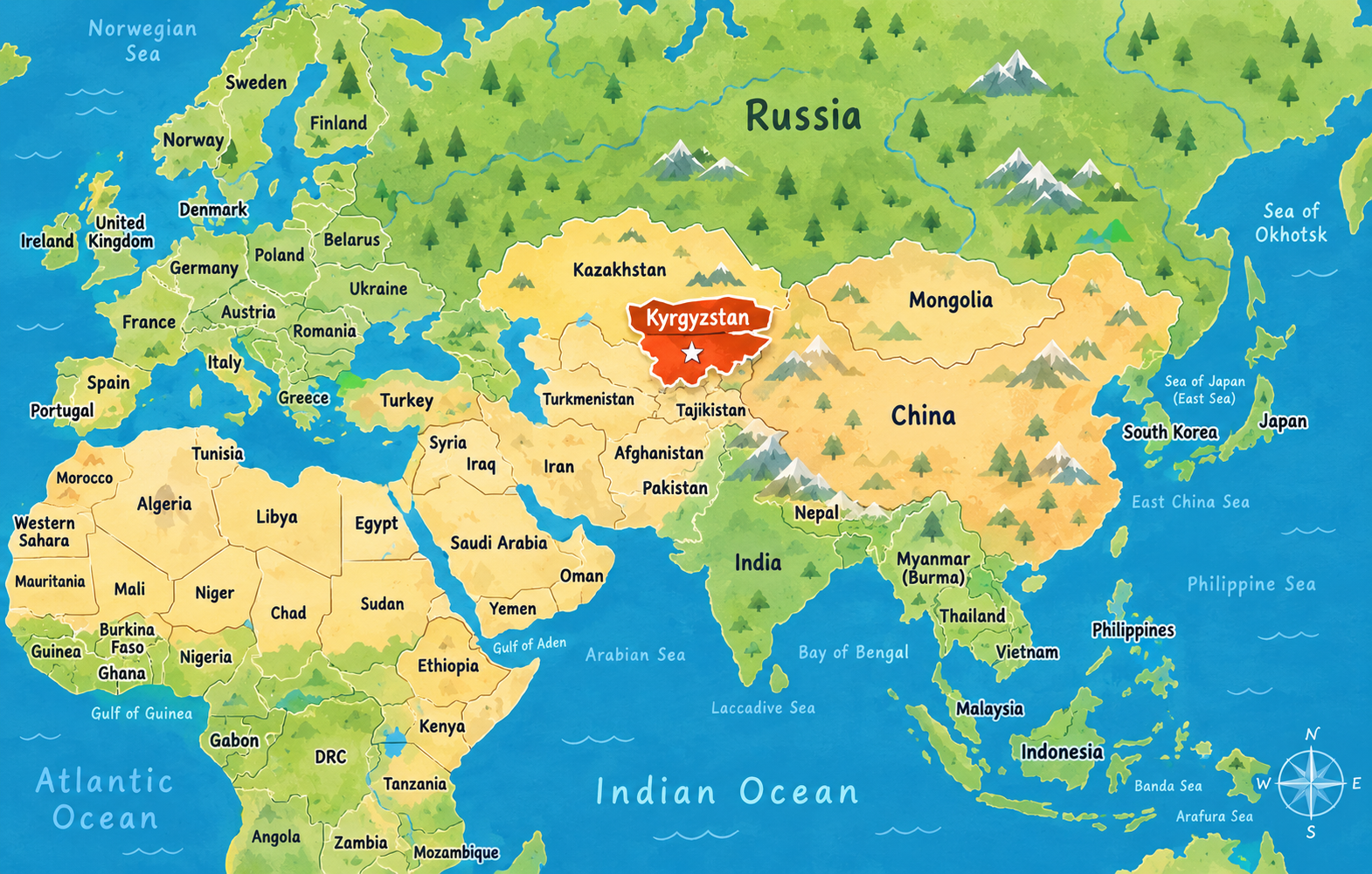 world map with kyrgyzstan on it
