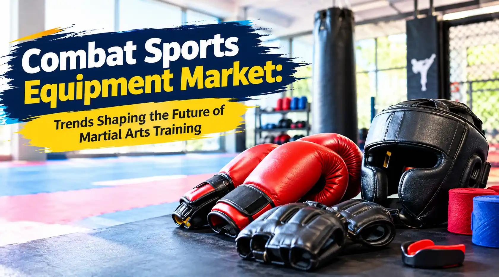 Martial arts gear on the floor of a ring with the title "Combat Sports: Equipment Market"