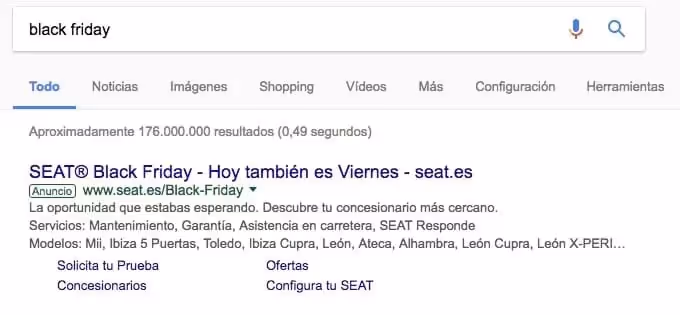 Ejemplo de anuncio de Adwords para el Black Friday 2017