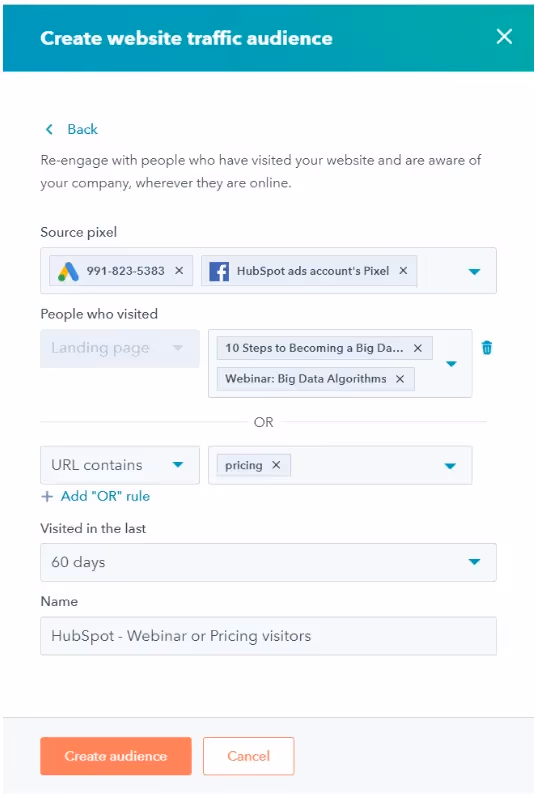 crear una audiencia de tráfico en el sitio web hubspot