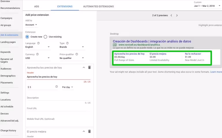 Ejemplo de extensión de precio en google ads