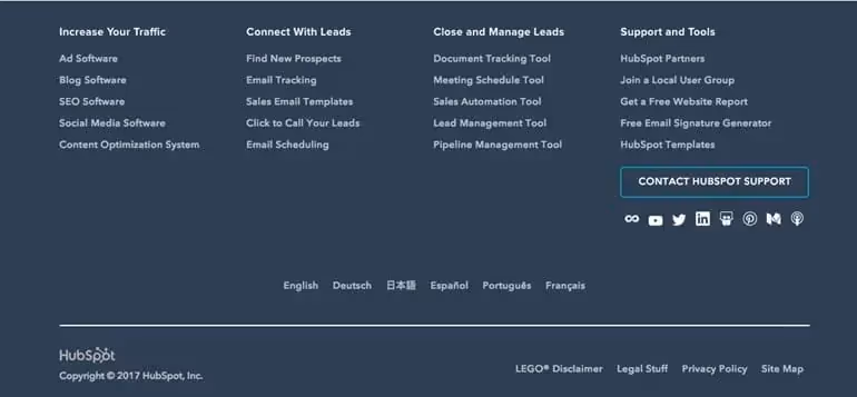 Ejemplo de footer con categorías diferenciadas