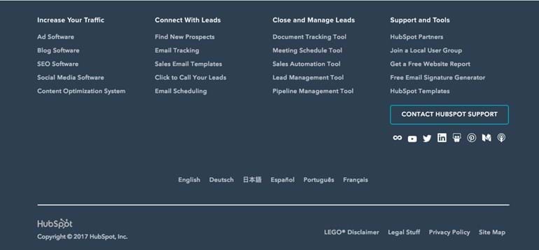 Ejemplo de footer con categorías diferenciadas