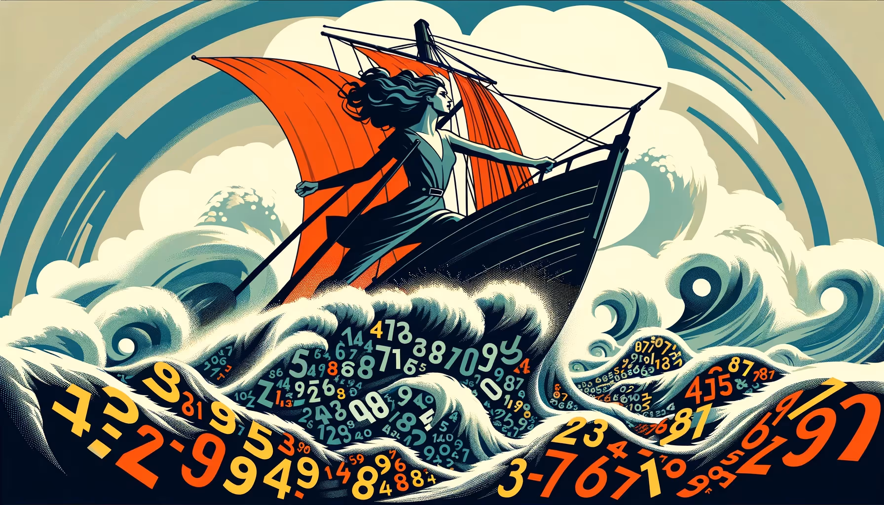 Mujer surcando un mar de datos - propaganda soviética. Ilustrado por DALL·E 3