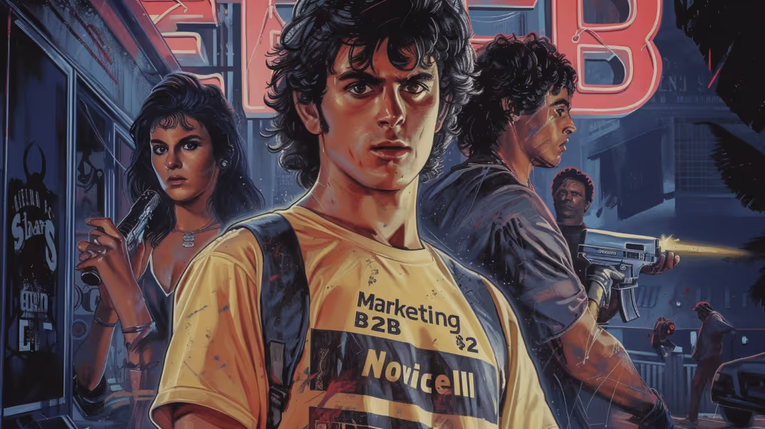 Acciones de Marketing B2B - Película de accion de los 80. Ilustrado por Midjourney