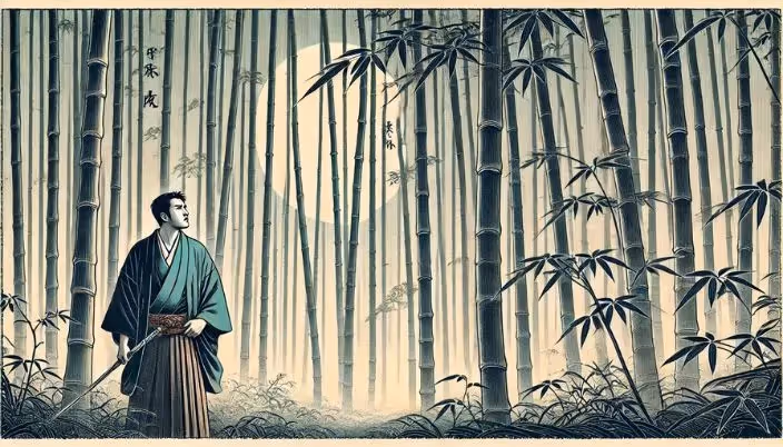 "Lost in Data" – Un samurái camina sin rumbo en un denso bosque de bambú, simbolizando la desorientación de no contar con datos actualizados en un PIM. Estilo ukiyo-e. Creado por DALL·E 3.