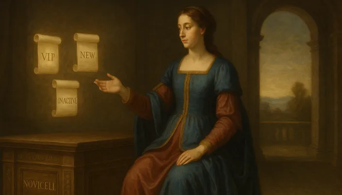 Mujer renacentista sentada frente a una mesa con pergaminos flotantes etiquetados como VIP, NEW e INACTIVE. Ilustración conceptual sobre la segmentación de listas en email marketing.