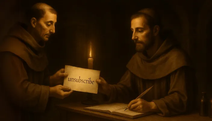 Dos monjes medievales, a la luz de una vela, sostienen un pergamino con la palabra 'unsubscribe'. Escena simbólica sobre la pérdida de interés en emails no relevantes.