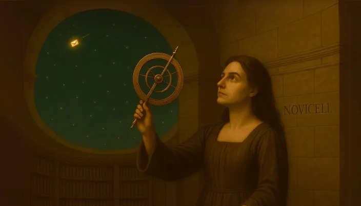 Una astrónoma del Renacimiento observa una constelación con un astrolabio; entre las estrellas destaca un icono de email con un check. Representación metafórica de encontrar el asunto perfecto en email marketing. 