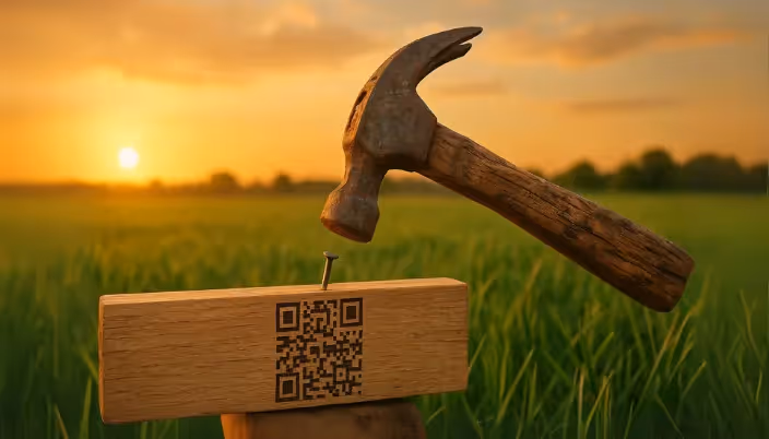 Martillo de carpintero fabricado con madera recuperada y metal oxidado clavando una tabla con código QR-DPP; simboliza la integración de construcción sostenible, tecnología y economía circular en un campo verde al atardecer.