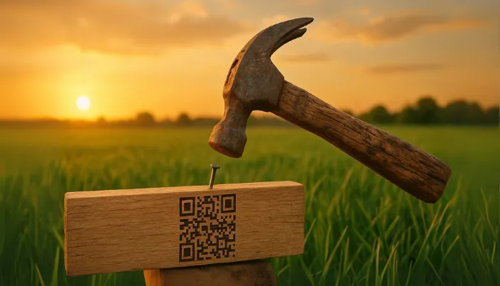 Martillo de carpintero fabricado con madera recuperada y metal oxidado clavando una tabla con código QR-DPP; simboliza la integración de construcción sostenible, tecnología y economía circular en un campo verde al atardecer.