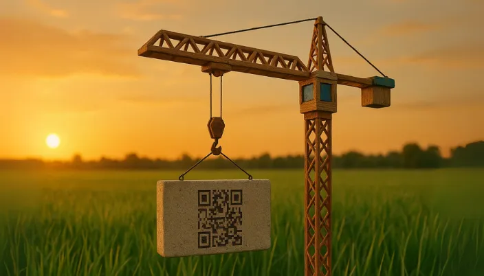 Grúa torre artesanal de metal y madera reciclada elevando losa de hormigón con código QR-DPP; refleja trazabilidad de materiales, reutilización y construcción sostenible en un entorno natural al atardecer.