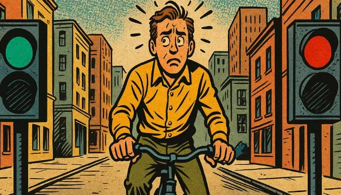 Un ciclista frente a dos semáforos contradictorios. Solapamiento en estado puro.