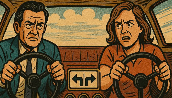 Un coche con dos volantes y dos conductores. Control compartido que bloquea el avance.