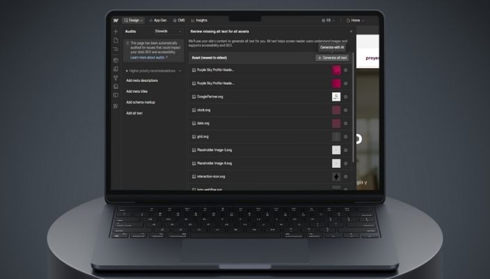 Panel de auditoría de Webflow con avisos de accesibilidad y SEO.