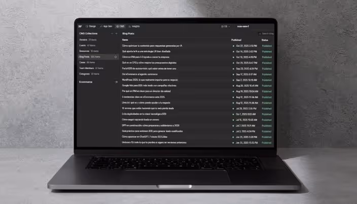 Vista del panel de colecciones dinámicas en el CMS de Webflow.