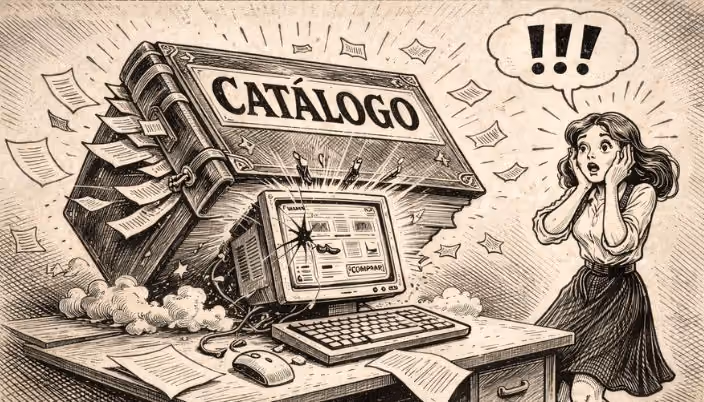 Un libro técnico de gran tamaño aplasta un ordenador, representando el peso de los sistemas antiguos sobre la venta digital, en ilustración tipo periódico clásico