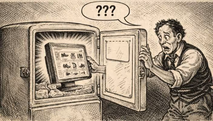Un monitor con catálogo digital aparece dentro de una nevera mientras un personaje desconcertado se pregunta cómo usarlo, en estilo caricatura de prensa histórica