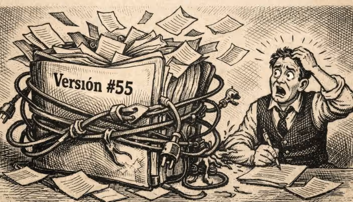 Una carpeta repleta de documentos y cables pelados colapsa frente a un empleado confundido, en formato de viñeta editorial de periódico antiguo.