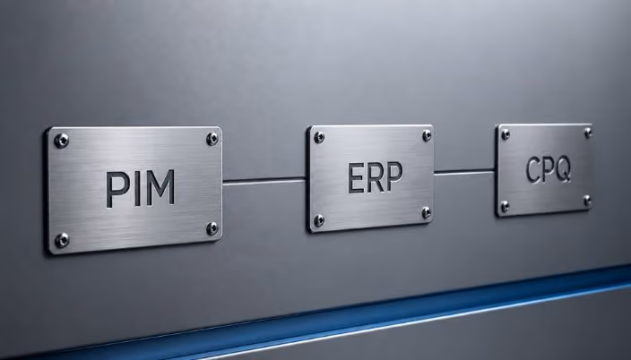 Placas metálicas grabadas con PIM, ERP y CPQ conectadas, representando la arquitectura de cotización industrial