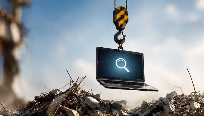 Portátil abierto suspendido por un gancho industrial sobre una pila de escombros, con un icono de búsqueda en la pantalla.