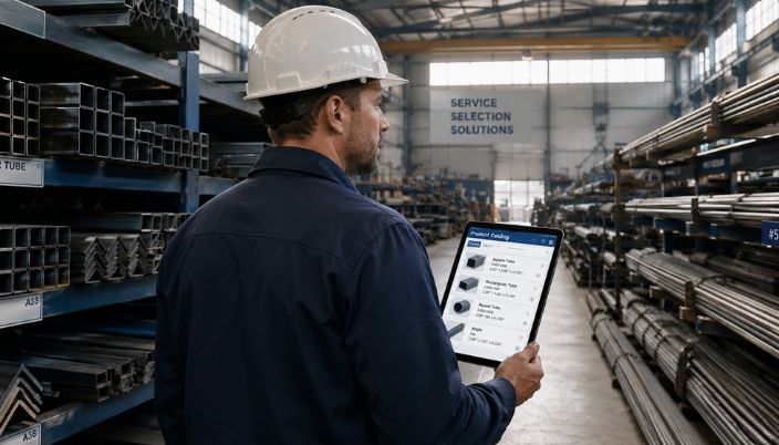 Comprador industrial consulta el catálogo digital de productos en una tablet frente a bobinas de alambre galvanizado en una nave de almacenaje.