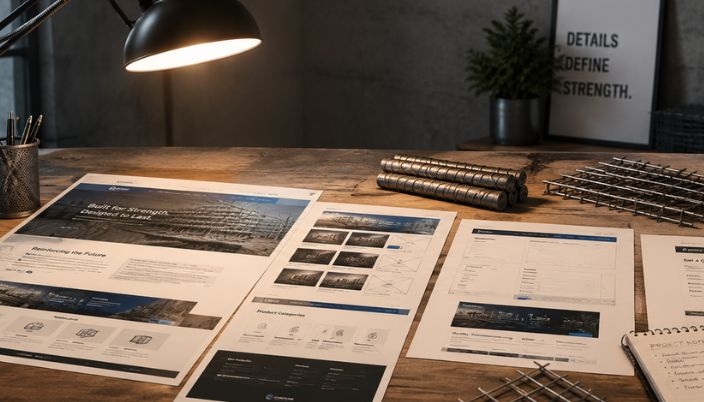 Wireframes impresos de la estructura de una web industrial sobre una mesa, junto a muestras de varilla y malla metálica usadas para definir la arquitectura de contenidos.