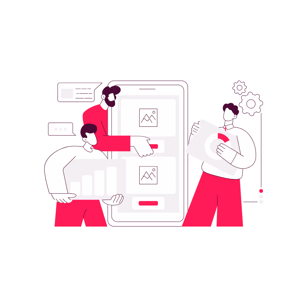 Illustration of people working on a digital interface with charts, data and web design elements