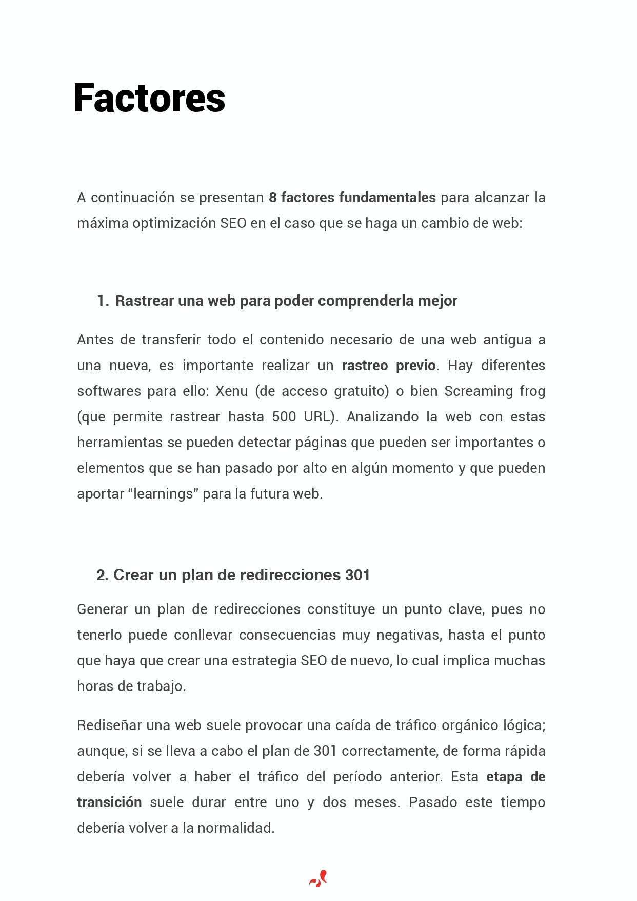 Página tres del informe SEO para una migración web