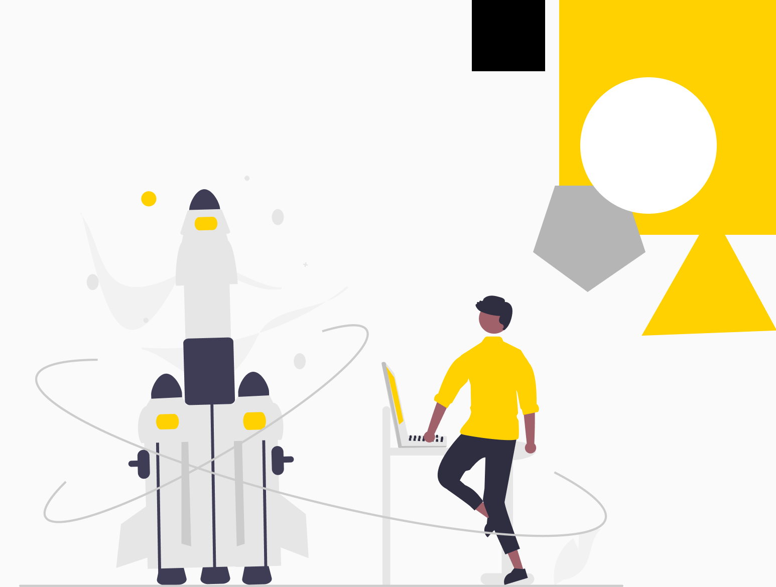 Persona trabajando con un portátil junto a un cohete, representando innovación, tecnología y desarrollo de proyectos digitales