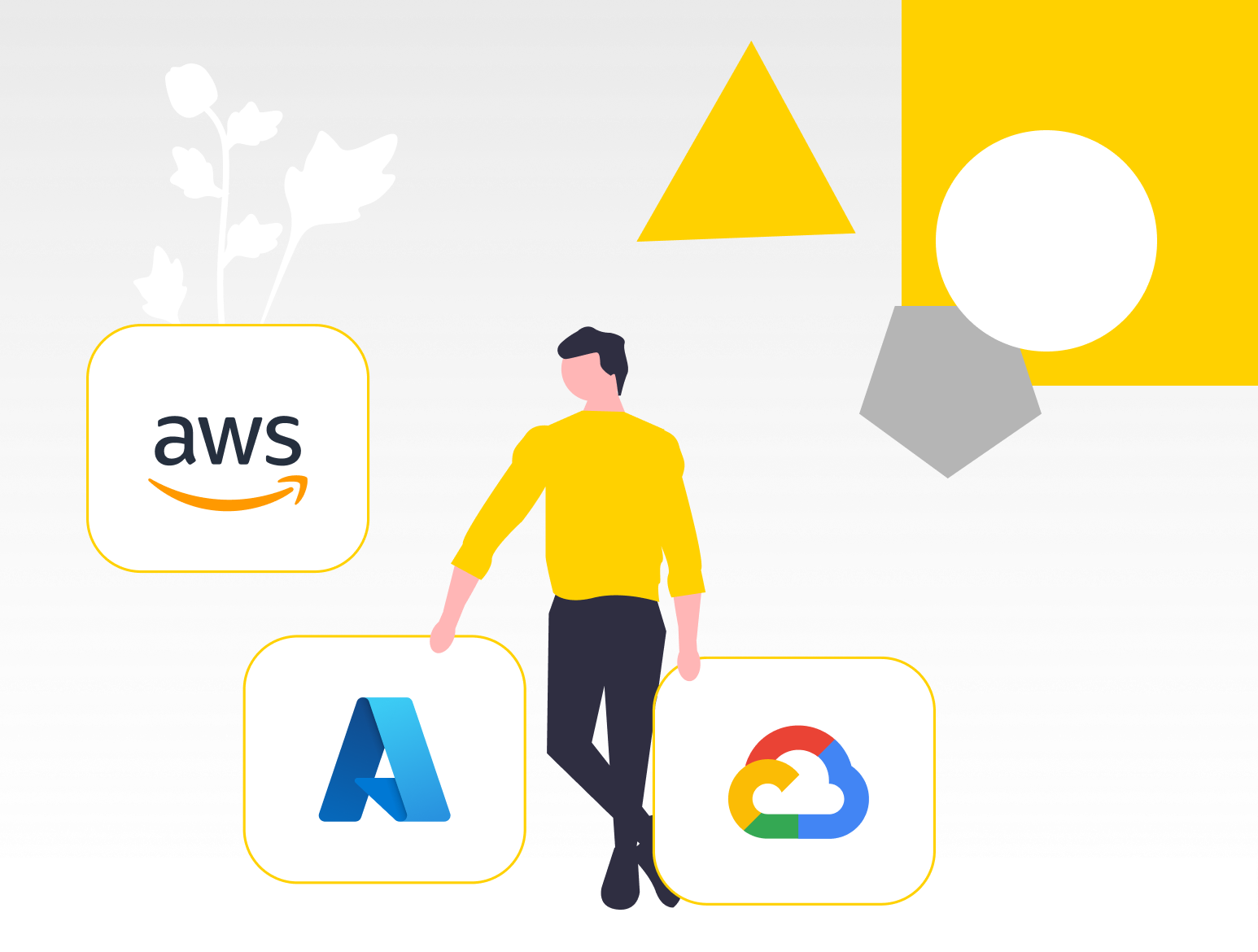 Persona junto a logotipos de AWS, Azure y Google Cloud, representando servicios de computación en la nube y tecnología cloud